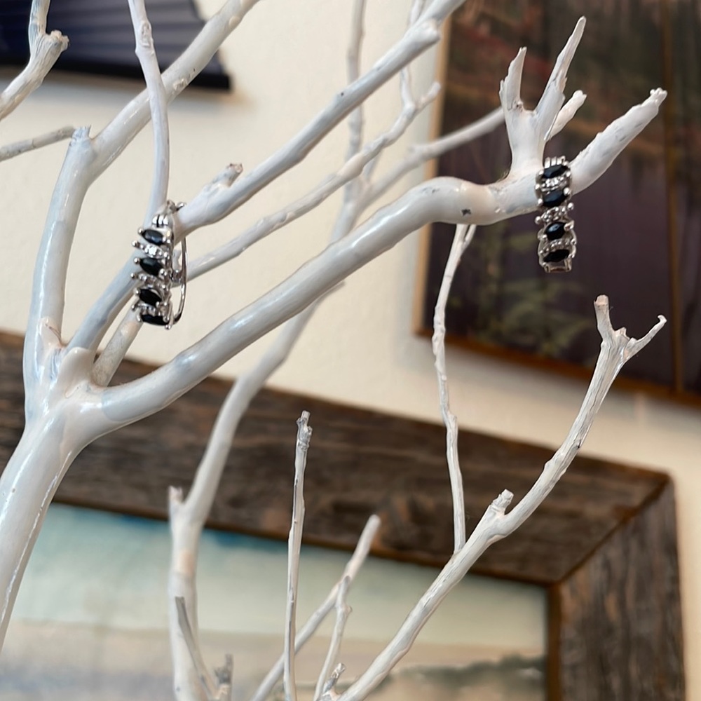 Sterling silver and dark sapphire hoop earrings